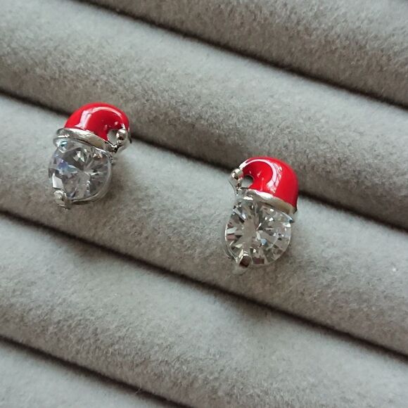 Cute Christmas Hat Cubic Zirconia Stud Earrings - Silver tone - Picture 7 of 9